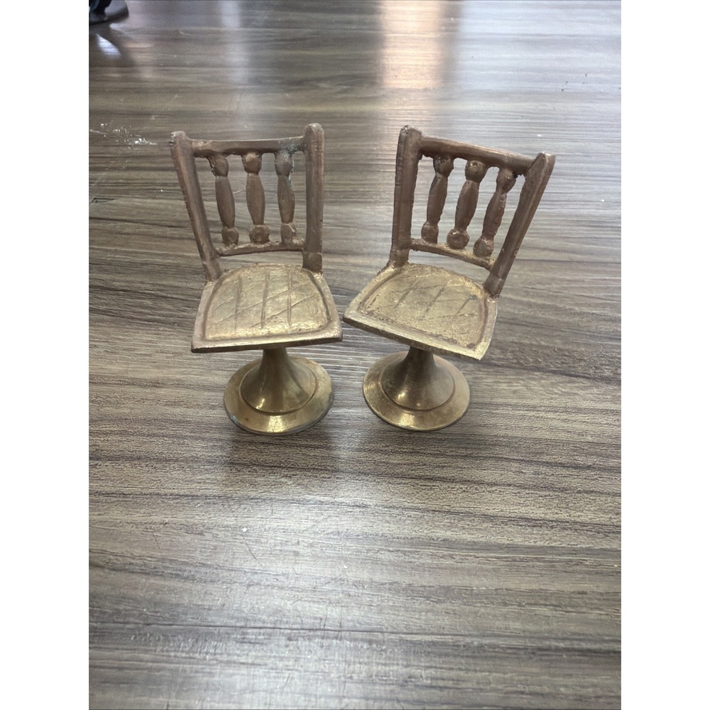 Doll House Chairs Miniatures Pair brass chairs 2 stools For Doll House Vintage - Picture 1 of 3